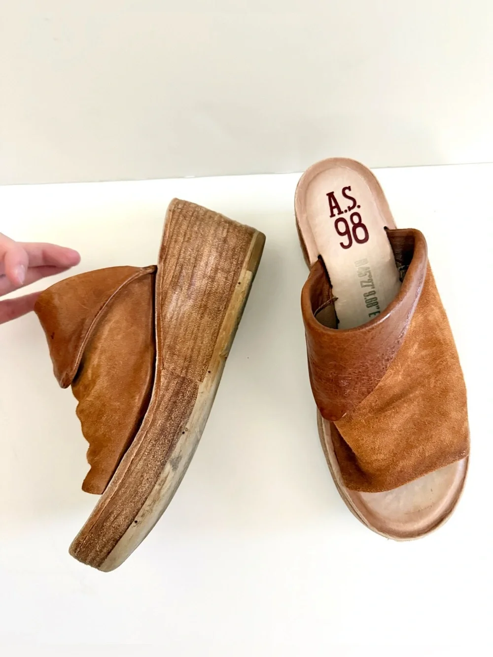 A.S.98 Niels Slide Sandal Wedges Leather Distressed Open Toe Clog Size 7.5